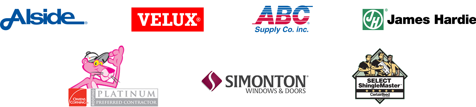 Logos of Velux, Simonton Windows & Doors, Owens Corning Roofing, James Hardie, ABC Supply Co Inc, CertainTeed Select Shingles Master, and Alside.