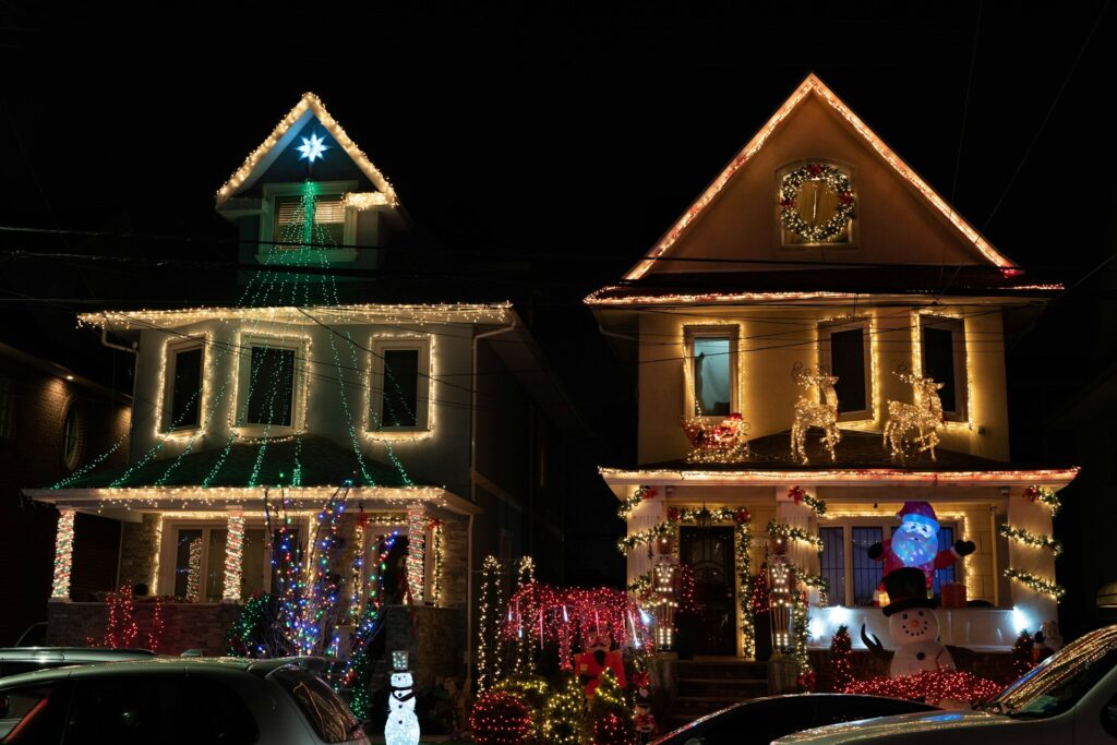 West Portland home with holiday lights and protected roof during winter season near Beaverton Hillsboro area