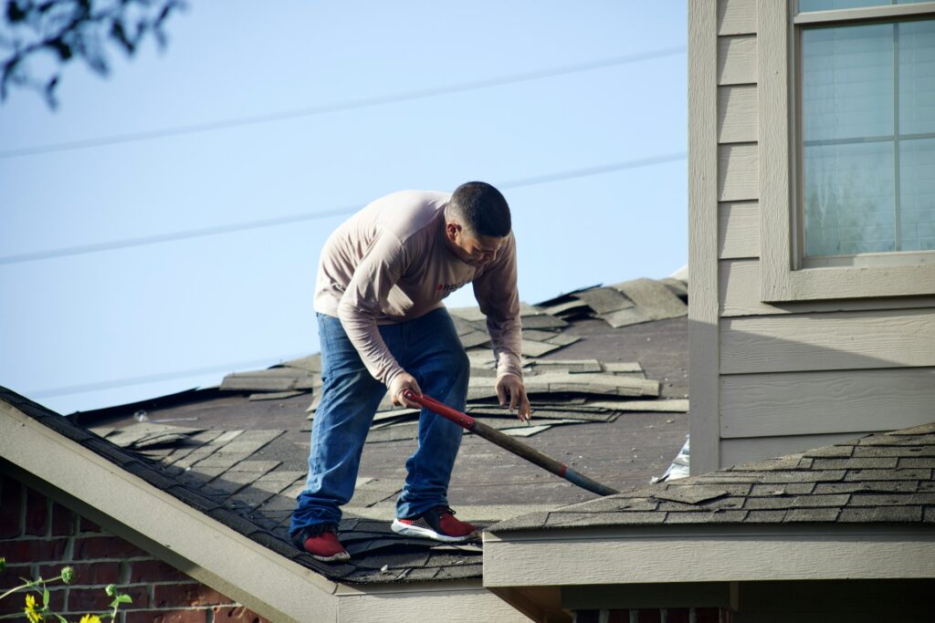 Close-up of green moss growth on Salem Oregon roof shingles with water damage and leak prevention