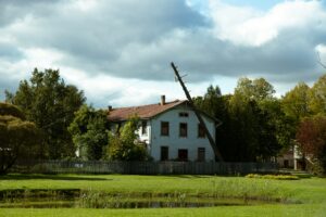 Medford homeowner inspecting roof from ground level after Rogue Valley wind storm checking for shingle damage