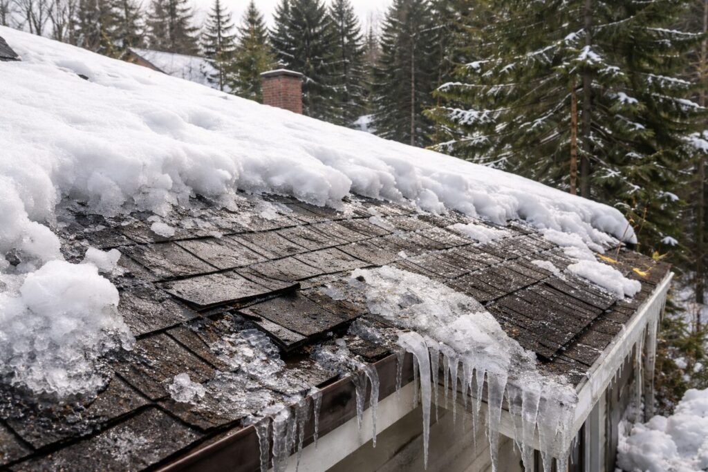 Battle Ground homeowner inspecting roof damage from freeze-thaw cycles with melting snow and ice on residential roof in North Clark County