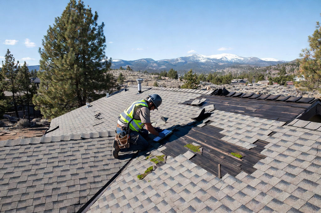 Roofing contractor inspecting shingles on a Bend Oregon home after winter freeze-thaw damage
