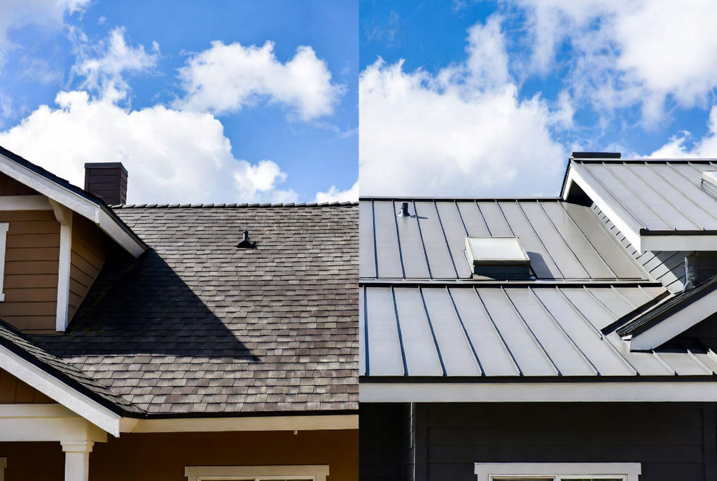 Side-by-side comparison of asphalt shingle and metal roofing installed on Rogue Valley homes by HOMEMASTERS