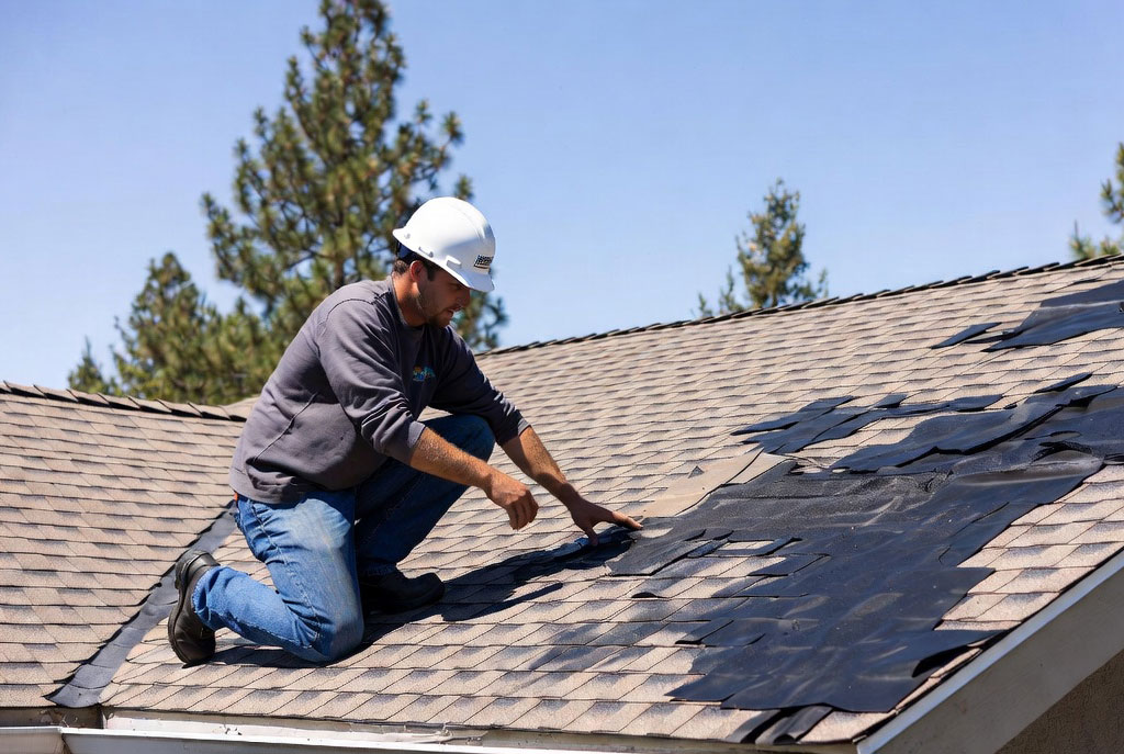 HOMEMASTERS roofing inspector examining hail damage on shingles of a Bend Oregon home in summer