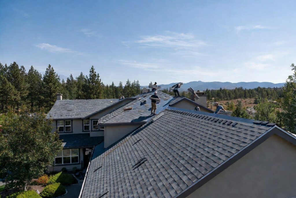 HOMEMASTERS Bend roofing crew installing new shingles on a Central Oregon home in peak summer July
