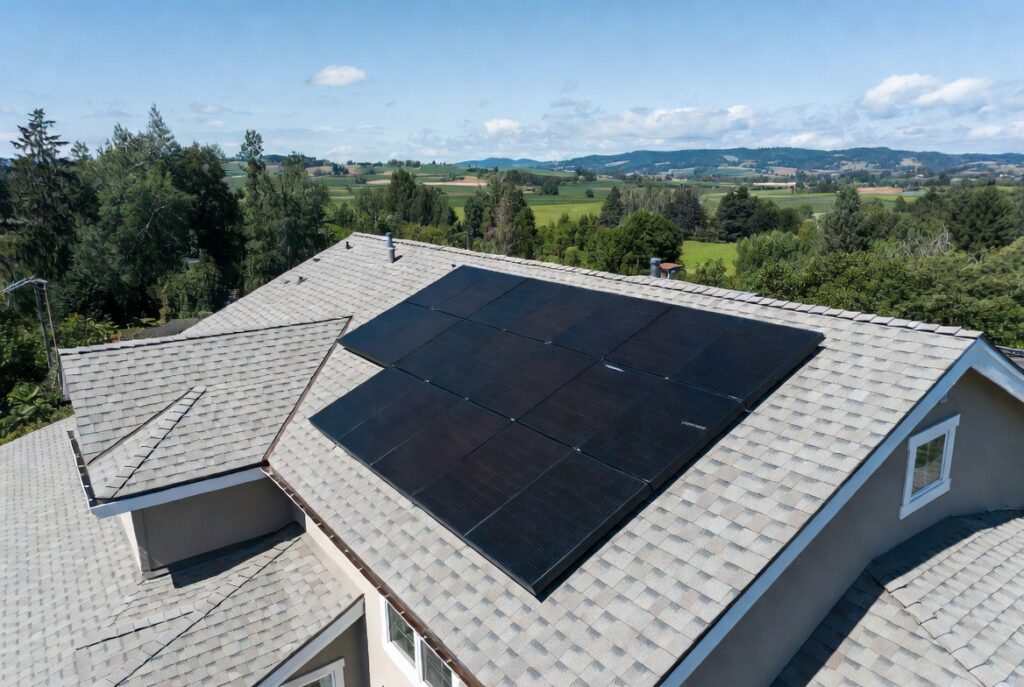Solar panels installed on a new roof on a Eugene Oregon home by HOMEMASTERS in summer 2026