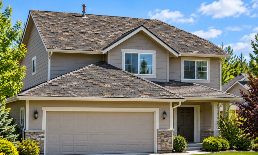 Aging builder grade asphalt shingle roof on a two storey home in Meridian, Idaho